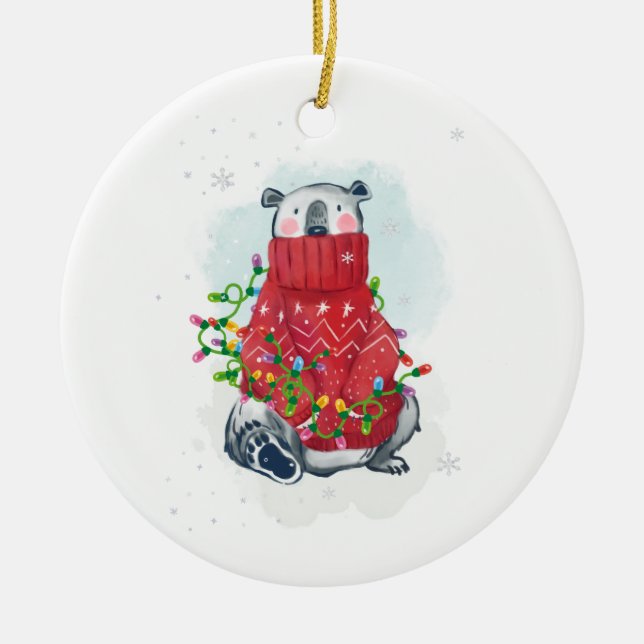 Ornamento De Cerâmica Urso Polar de Natal em Aquarela (Frente)