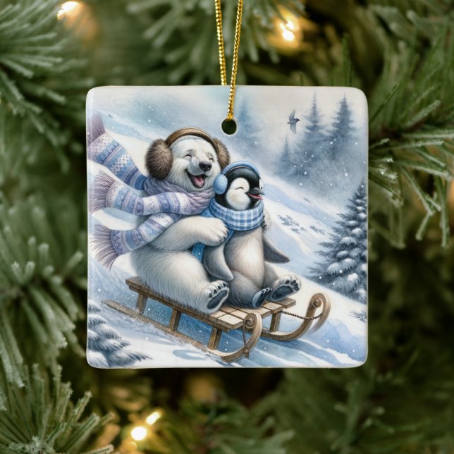 Ornamento De Cerâmica Urso Polar e Pinguim em um Sled (Árvore)