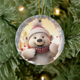 Ornamento De Cerâmica Urso polar feliz. Urso polar de Natal.