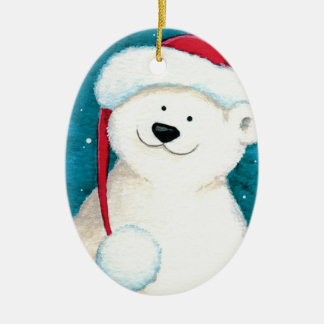 Ornamento De Cerâmica Urso polar festivo em um chapéu do papai noel