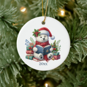 Ornamento De Cerâmica Urso polar fofo adicionar data e mensagem Natal
