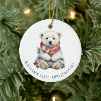Ornamento De Cerâmica Urso Polar Moderno de Natal com Redondo Vermelho