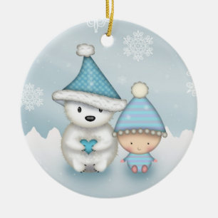 Ornamento De Cerâmica Urso Polar Pequeno e Fofo e Bebê