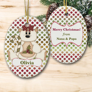 Ornamento De Cerâmica Urso Polkadot Verde Vermelho Personalizado