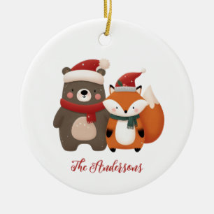 Ornamento De Cerâmica Urso & Raposa Fofos de Natal/Inverno