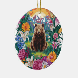 Ornamento De Cerâmica Urso sereno cercado por flores e arte