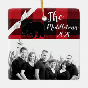 Ornamento De Cerâmica Urso Xadrez Vermelho de Buffalo da Ornação XMAS