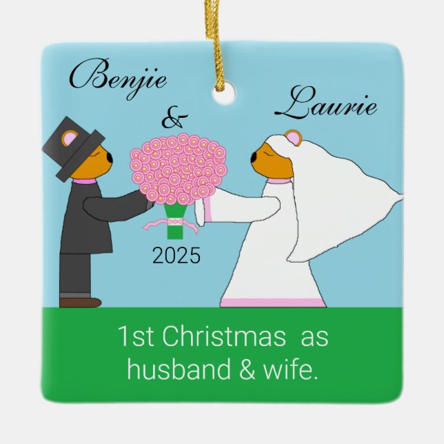 Ornamento De Cerâmica Ursos de Teddy Casando-se (Frente)