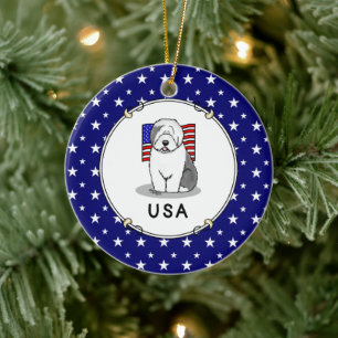 Ornamento De Cerâmica US American Flag Old English Sheepdog (Cinza 1)