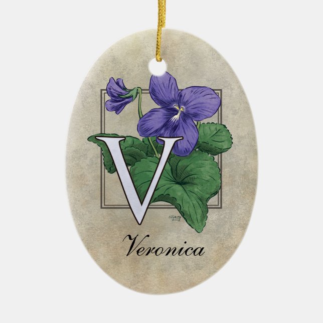 Ornamento De Cerâmica V para o monograma da flor das violetas (Frente)