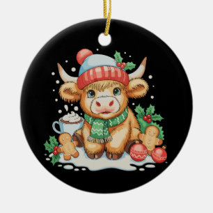 Ornamento De Cerâmica Vaca Alta Escocesa de Natal Bezerra Fofa Chapéu do