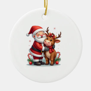 Ornamento De Cerâmica Vaca Alta Escocesa de Natal Com Papai Noel Vintage