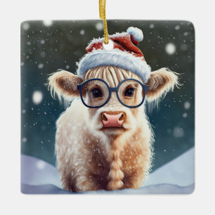 Ornamento De Cerâmica Vaca Bela Em Terra Alta Na Neve