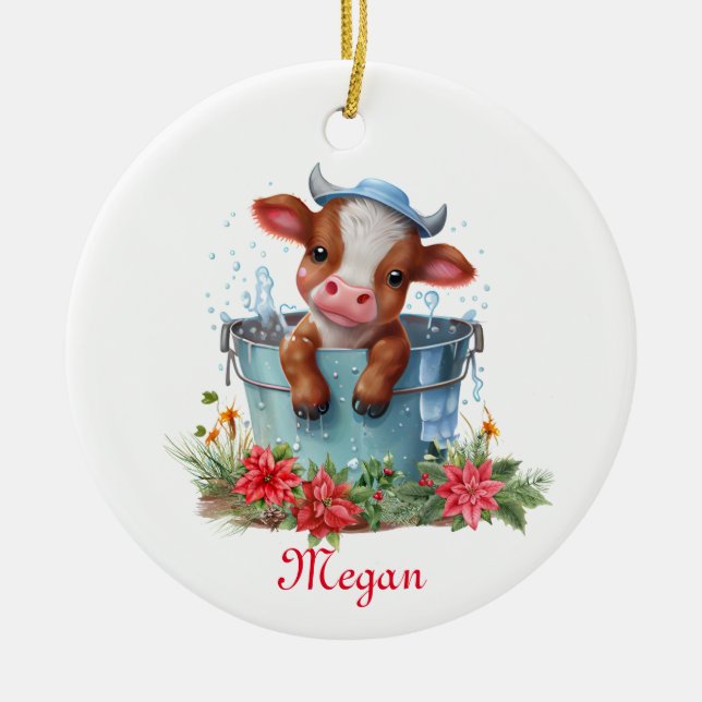 Ornamento De Cerâmica Vaca bonitinha em Balde de Natal Personalizada (Frente)
