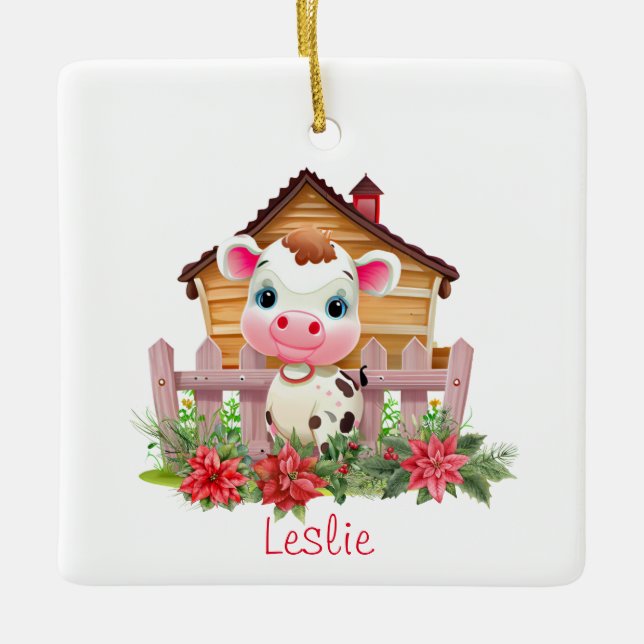 Ornamento De Cerâmica Vaca bonitinha em um nome personalizado de natal d (Frente)