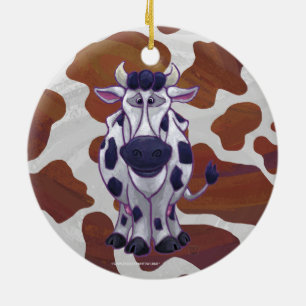 Ornamento De Cerâmica Vaca Castanho e Impressão Branco