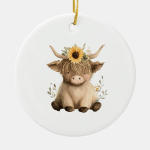 Ornamento De Cerâmica Vaca das Terras Altas Boho Girassol