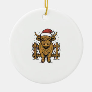Ornamento De Cerâmica Vaca das Terras Altas do Natal Chapéu do Papai Noe