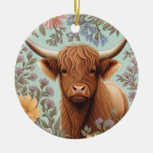 Ornamento De Cerâmica Vaca das Terras Altas Pastel Floral Inspirada em W