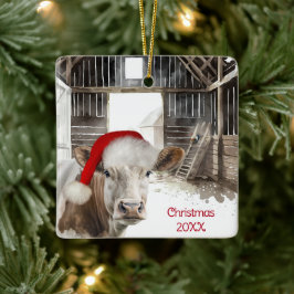 Ornamento De Cerâmica Vaca De Natal Hereford Em Barn