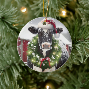 Ornamento De Cerâmica Vaca de Natal Vestindo um Papai Noel
