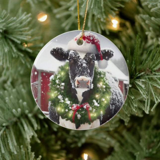 Ornamento De Cerâmica Vaca de Natal Vestindo um Papai Noel (Árvore)