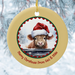 Ornamento De Cerâmica Vaca do Highland com Papai Noel Bonito em Nome Nat