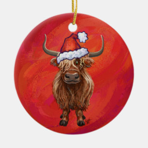 Ornamento De Cerâmica Vaca do planalto em Santa Hat em Vermelho