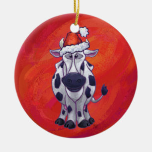 Ornamento De Cerâmica Vaca festiva em Santa Hat em vermelho