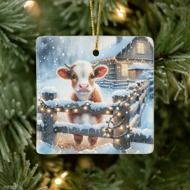 Ornamento De Cerâmica Vaca Festiva Fofa de Natal Personalizada (Árvore)