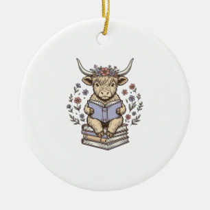 Ornamento De Cerâmica Vaca Floral de Leitura Fofa Pilha de Livros Design