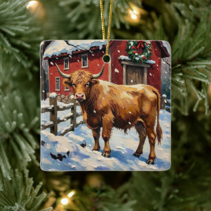 Ornamento De Cerâmica Vaca Highland Vintage no Celeiro de Natal Nevado