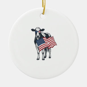 Ornamento De Cerâmica Vaca Patriótica Bandeira Americana Desenho de Grav