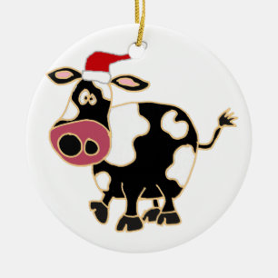 Ornamento De Cerâmica Vaca preto e branco no chapéu do papai noel