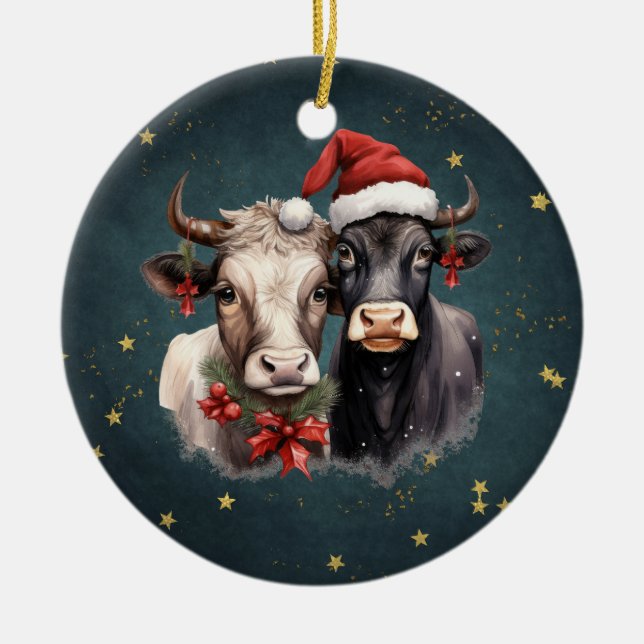 Ornamento De Cerâmica Vacas de Natal bonitas (Frente)