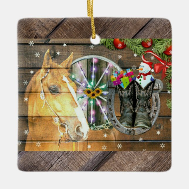 Ornamento De Cerâmica Vagão de Cavalo de Natal Roda Cowboy Boots Garland (Frente)
