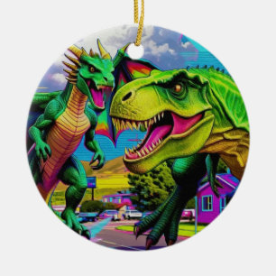Ornamento De Cerâmica Vamos Jogar - Dragão Verde e Dinossauro