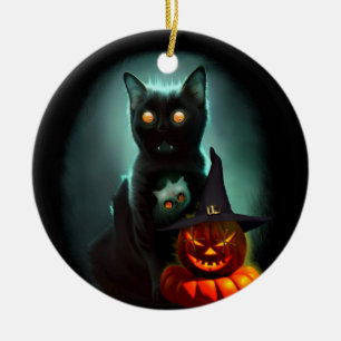 Ornamento De Cerâmica Vampiro Gato e Mágico Pumpkin Halloween Surreal