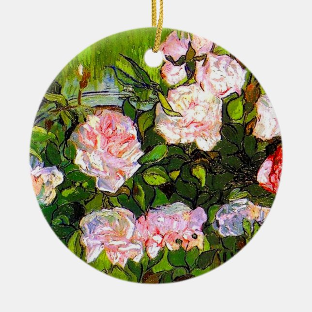 Ornamento De Cerâmica Van Gogh ainda vive com rosas rosa (Frente)