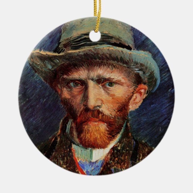 Ornamento De Cerâmica Van Gogh; Autorretrato com Chapéu de Feltro Cinza (Frente)