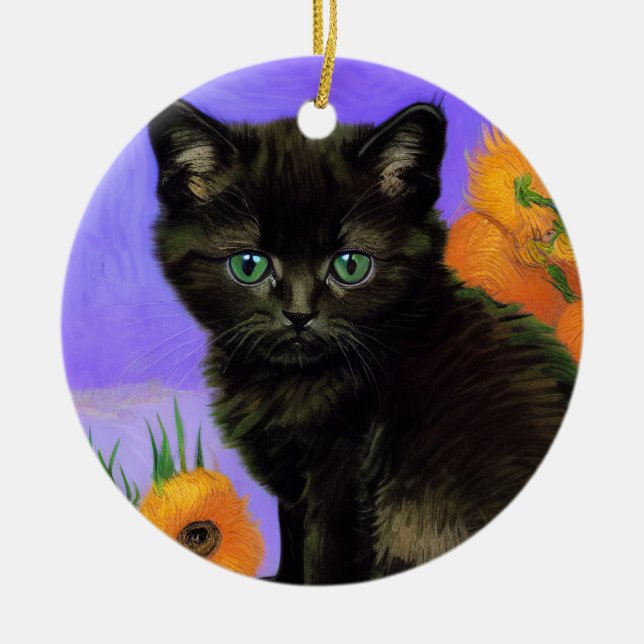 Ornamento De Cerâmica Van Gogh Black Kitten com Girassóis (Frente)