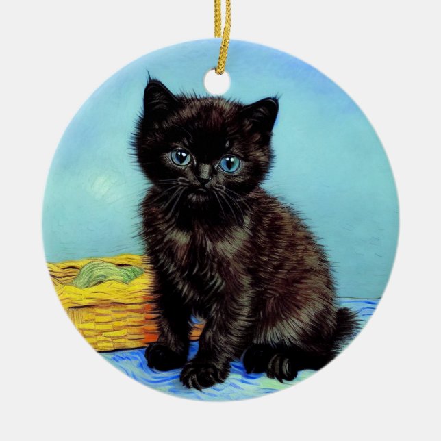 Ornamento De Cerâmica Van Gogh Black Kitten com Yarn (Frente)