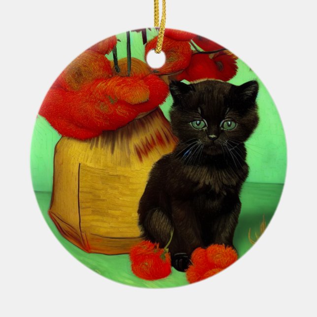 Ornamento De Cerâmica Van Gogh Black Kitten Red Flowers (Frente)