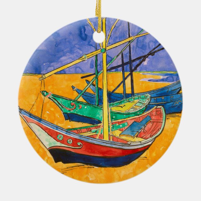 Ornamento De Cerâmica Van Gogh Boats Impressionism Beach (Traseira)