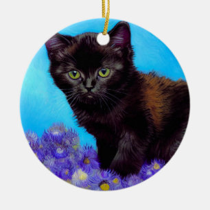 Ornamento De Cerâmica Van Gogh Cat e Flores