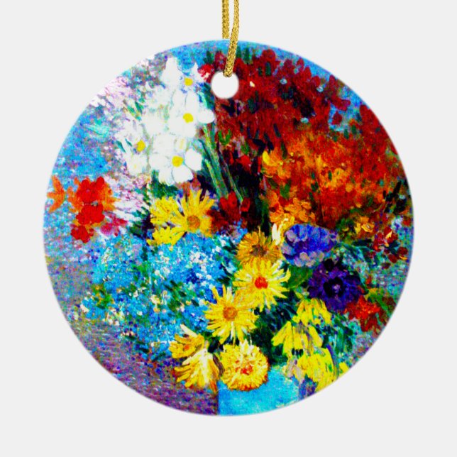 Ornamento De Cerâmica Van Gogh Flores num Vaso Azul (Frente)