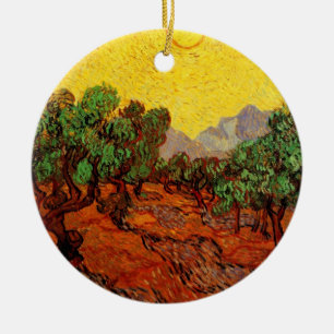 Ornamento De Cerâmica Van Gogh Olive Trees com Céu Amarelo e Sol
