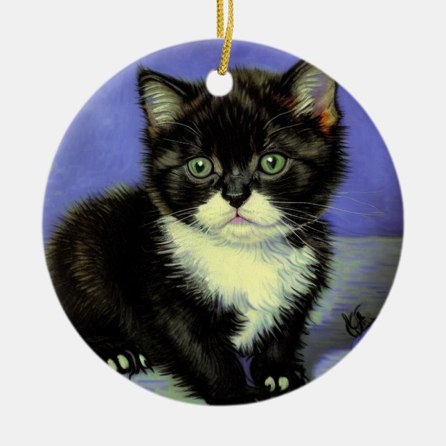 Ornamento De Cerâmica Van Gogh Tuxedo Kitten (Frente)