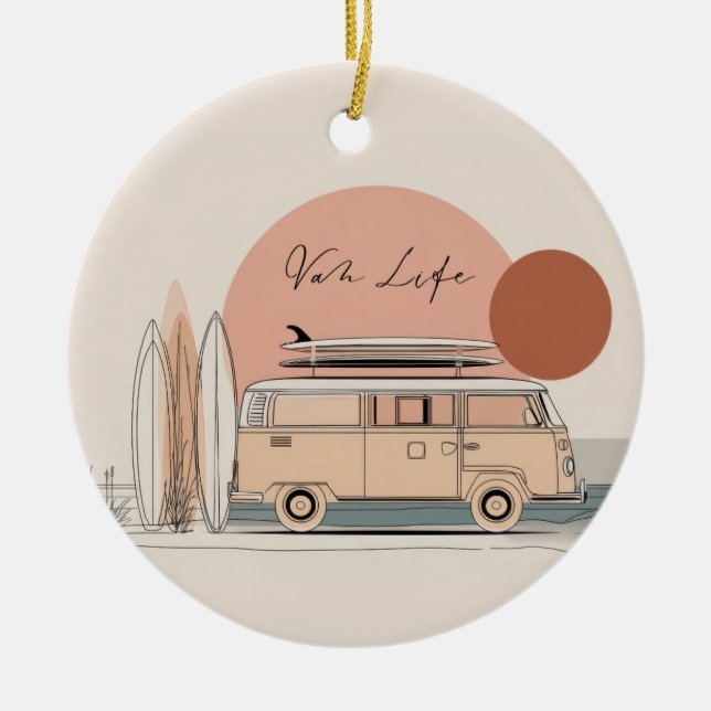 Ornamento De Cerâmica Van Life Surf Van – Retro Beach Camper Aesthetic  (Frente)