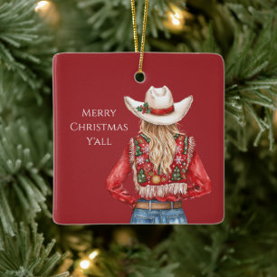 Ornamento De Cerâmica Vaqueira Western Cabelo Loiro Natal